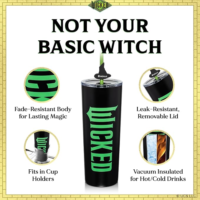 Dragon Glassware x Wicked: For Good Stainless Steel Tumbler, 24 oz 2-Pack | Set of 2 Vacuum Insulated Stainless Steel Wicked Cups with Lids & Straws; With Straw Charm; Official Wicked Merch - Image 5