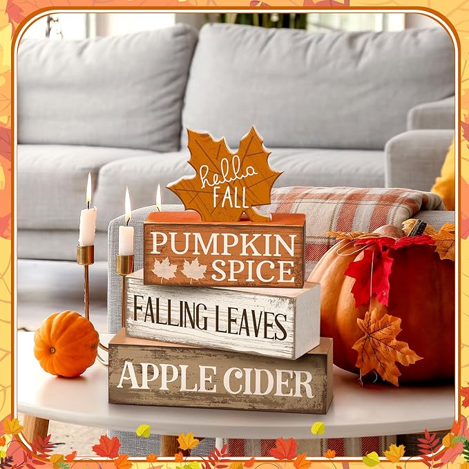 Moucuny 4 Pcs Fall Decor Wooden Maple Leaf Decoration Thanksgiving Tiered Tray Decor Rustic Wooden Maple Leaf Block Sign Thanksgiving Table Centerpiece Farmhouse for Autumn Harvest Party Home Kitchen - Image 7