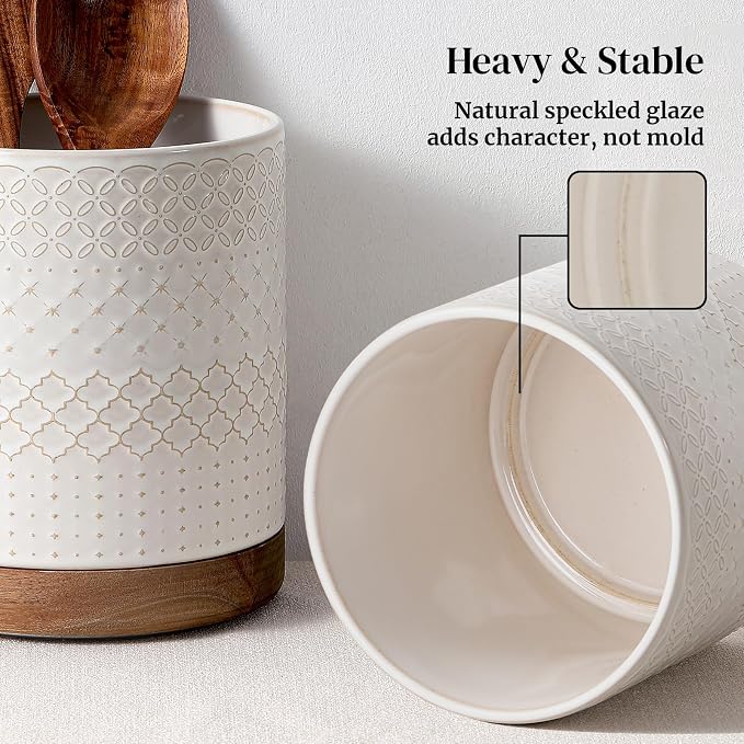 DOWAN 360° Rotating Extra Large Cooking Utensil Holder, 7.6" Kitchen Utensil Holder for Countertop, Utensil Crock for Farmhouse Kitchen Decor, Ceramic Stable Utensil Caddy, White Embossed - Image 4