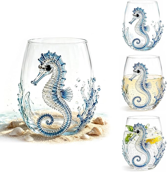 Novelty Seahorse Tumbler Glasses, 3D Artisanal Ocean Themed Embossed Cups, 12oz Decorative Bar Glassware Gift Set(4pcs) by Unknown