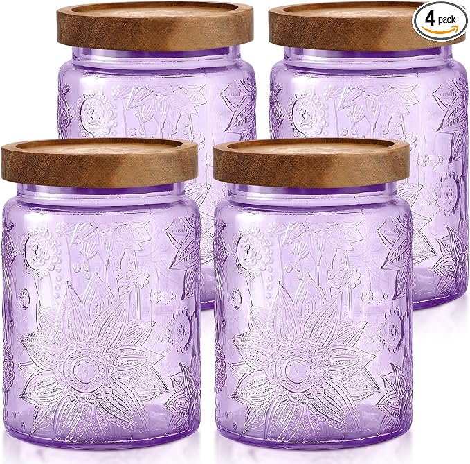 LemonRoad 4 Pcs Vintage Purple Glass Storage Jars 23.7 oz Mason Jar Canister with Wood Lids Food Storage Container for Cookie, Pantry, Candy Kitchen, Coffee, Tea, Flour, Sugar, Decorative Home Decor by Unknown