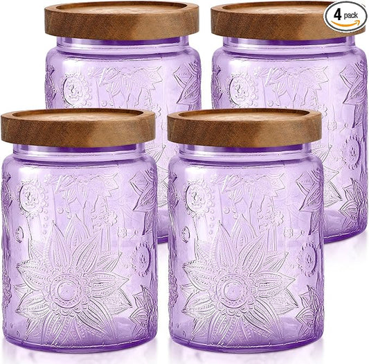 LemonRoad 4 Pcs Vintage Purple Glass Storage Jars 23.7 oz Mason Jar Canister with Wood Lids Food Storage Container for Cookie, Pantry, Candy Kitchen, Coffee, Tea, Flour, Sugar, Decorative Home Decor by Unknown