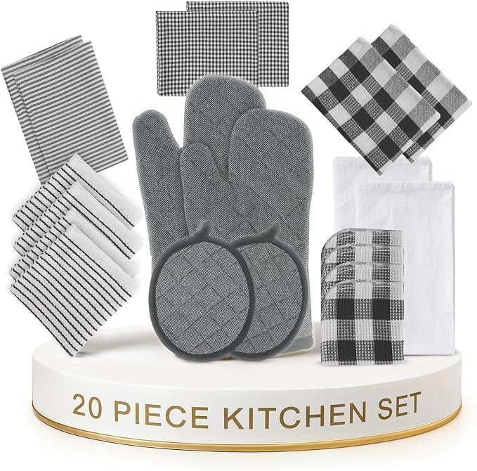 LANE LINEN Kitchen Towels Set 20 Pack - Ultra Soft Cotton Kitchen Hand Towels, Highly Absorbent Dish Cloths, Durable Scrubbers, Flour Sack Tea Towels, Heat Resistant Oven Mitts & Pot Holders - Black by LaneLinen