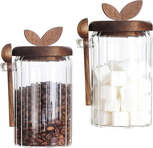 holoith 2 Pack Sugar Bowl Sugar Container 27oz Glass Jars with Bamboo Lid and Spoon, Airtight Food Storage Jar for Coffee Bar, Kitchen Canisters for Coffee Beans, Spice, Brown Sugars, Nuts, Candy | Airtight Food Storage Jar for Coffee Bar, Kitchen Cani... by Holoith