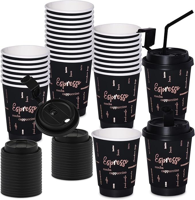 12oz Premium Disposable Coffee Cups, Double-Wall Insulated Paper Cups with Flip-Top Lids, No Sleeves Needed, To-Go Cups for Coffee, Tea, Hot Chocolate, Events, Rose Gold Print (Black, 60ct)