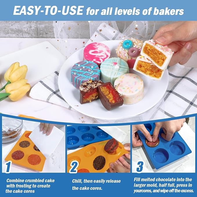 Webake Cake Puck Mold Set 2 Different Sizes, Silicone Flat Cake Pop Molds for Chocolate Covered Desserts, BPA Free - 4 Molds & 1 Scraper - Image 5
