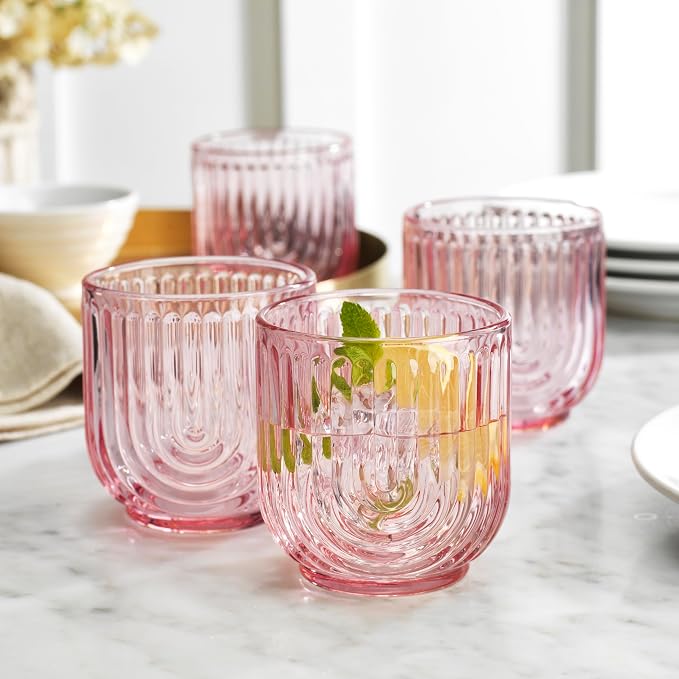 Glaver's Vintage Glassware Art Deco Glasse Ribbed Drinking Glasses U-Shape Arch Design Colored Cocktail Kitchen Tumblers Everyday Dinner Decorative Party HandWash Only (Pink S/4 11oz) - Image 2