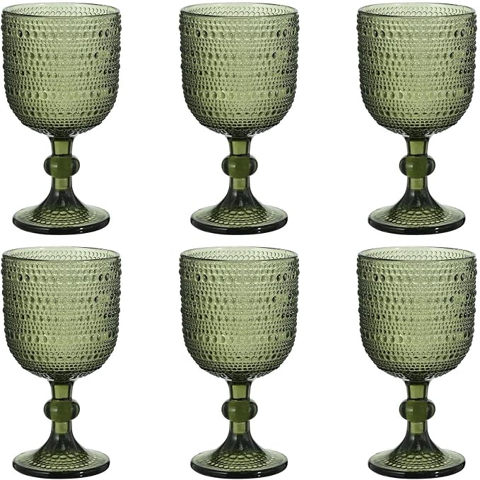 Taganov Glasses Drinking Wine Water Goblets Green Glassware set of 6 Vintage Stem Glasses Stemware 12 Ounces for Wedding Party Bar Twill Pattern Striped 350 ml by Taganov