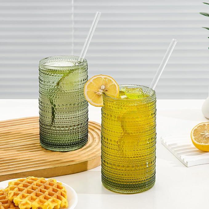 Vintage Glassware Drinking Glasses Set of 6,16oz Hobnail Glass Cups,Embossed Green Water Tumbler,for Cocktail, Juice, Whiskey, Milk and Various Mixed Drinks - Image 2