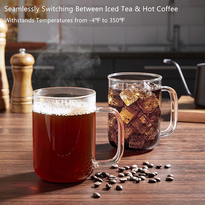 Glass Coffee Mugs, 12 oz iced coffee cups, Clear Tea Cups Set of 2, Glass Mugs with Handles, Glass Cups for Latte, Cappuccino, and Tea