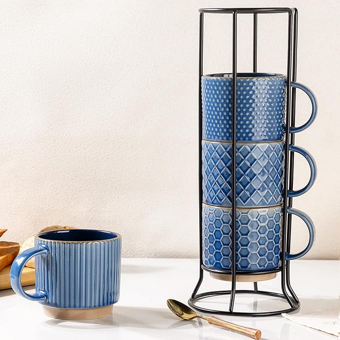 GBhome 12 OZ Stackable Coffee Mugs Set of 4, Ceramic Coffee Cups Set | Coffee Mugs With Stand, Dishwasher&Microwave Safe, 4 Assorted Designs by GBhome