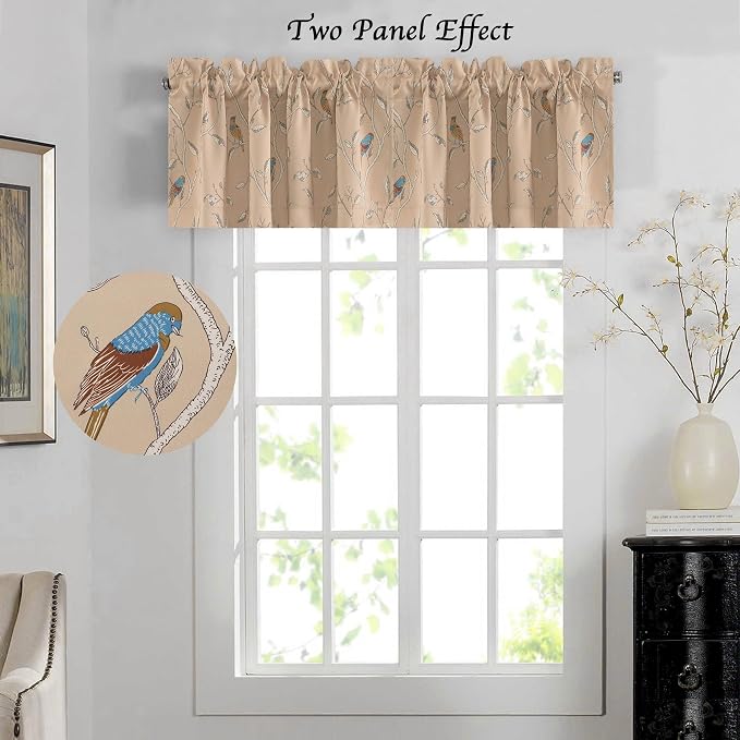 H.VERSAILTEX Blackout Curtain Valances for Kitchen Window/Living Room/Bathroom Privacy Added Rod Pocket Home Decoration Winow Valance, 52" W x 18" L, Birds in Taupe (Pack of 4) - Image 3