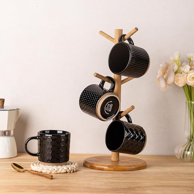 GBhome 6 OZ Stackable Coffee Mugs Set of 4, Ceramic Coffee Cups Set | 4 Assorted Designs, Embossed Mugs with Texture Patterns for Espresso/Tea, Dishwasher&Microwave Safe, Black - Image 8
