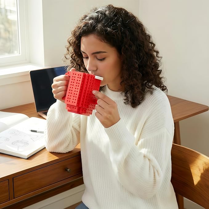 Lumsburry Build-on Brick Coffee Mug, Funny DIY Unique Novelty Drinking Cup | Building Blocks Creative Mug, for Men Women Kids Dad Mom, Present Exchange Ideas, Xmas Birthday White Elephant(Red) - Image 6