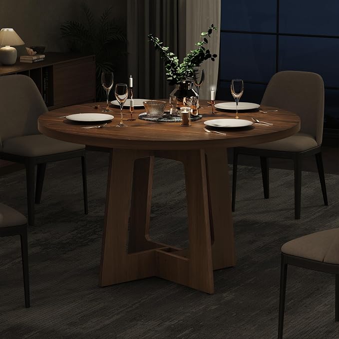Round Dining Table for 4, Wooden Dining Room Table, Circle Kitchen Table for Home Dining Room Kitchen Living Room (Walnut Brown) - Image 5