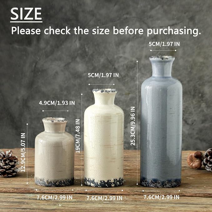 Ceramic Vase Set of 3, Neutral Flower Vases Home Decor, Pottery Rustic Farmhouse Decorative Vases Modern Decor for Table Mantel Entryway Bookshelf Living Room Kitchen Bedroom - Ocean - Image 2