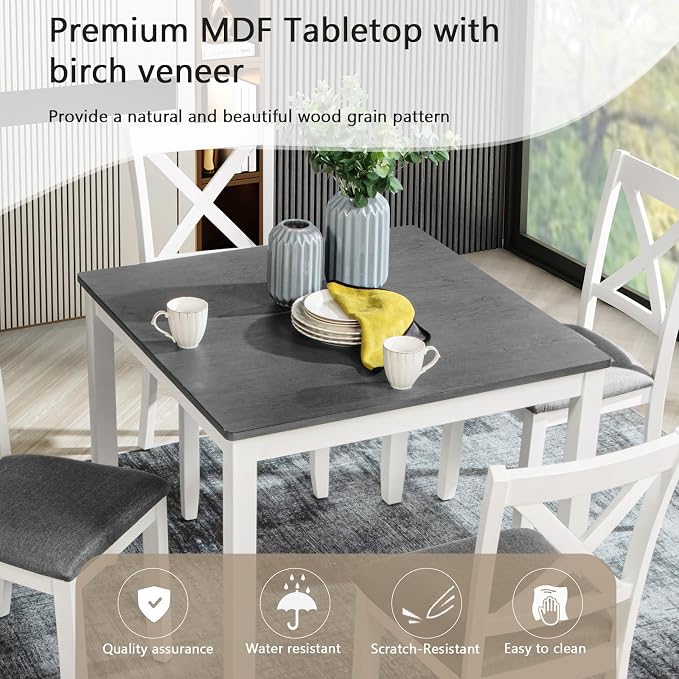 5-Piece Dining Table Set for 4, Kitchen Dining Table with 4 Soft Cushioned Solid Wood Chairs, Ideal for Home or Restaurant Use.(Gray & White_Small) - Image 5