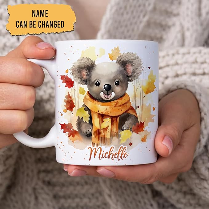 Hyturtle Personalized Fall Koala Coffee Mug Gifts on Birthday, Autumn Décor | Gifts For Koala Lovers - Fall Decoration Gift For Farmhouse Thanksgiving - Custom Name 11oz White Ceramic Coffee Tea Mug - Image 2