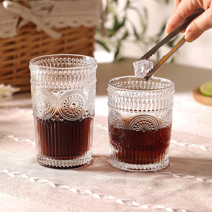 Moretoes Vintage Drinking Glasses Set of 12,Textured Striped Glass Cups | Clear 6 Highball Glasses 12oz & 6 Rocks Glasses 10oz, Mixed Glassware Set, Mojito Cups, Cocktail Glass, Iced Coffee Cup - Image 2