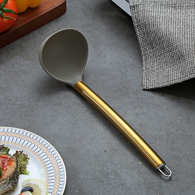 Gold Ladle, Berglander Non-stick Silicone Kitchen Ladle With Titainium Gold Plating handle, Soup Ladle, Cooking Ladle Soup Spoon For Cooking, Dishwasher Safe, Easy to Clean - Image 2