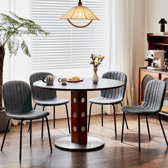 Dining Chair Set of 4, PU Leather Kitchen Chairs, Dark Grey | Black Metal Legs, Curved Backrest, Upholstered, Modern Comfort for Dining Room, Easy Clean, Space-saving, Restaurant & Cafe - Image 2