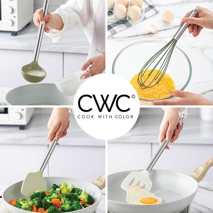 COOK WITH COLOR Silicone Cooking Utensils, Kitchen Utensil Set, Easy to Clean Silicone Kitchen Utensils, Cooking Utensils for Nonstick Cookware, Kitchen Gadgets Set, 38 Piece, Green - Image 5