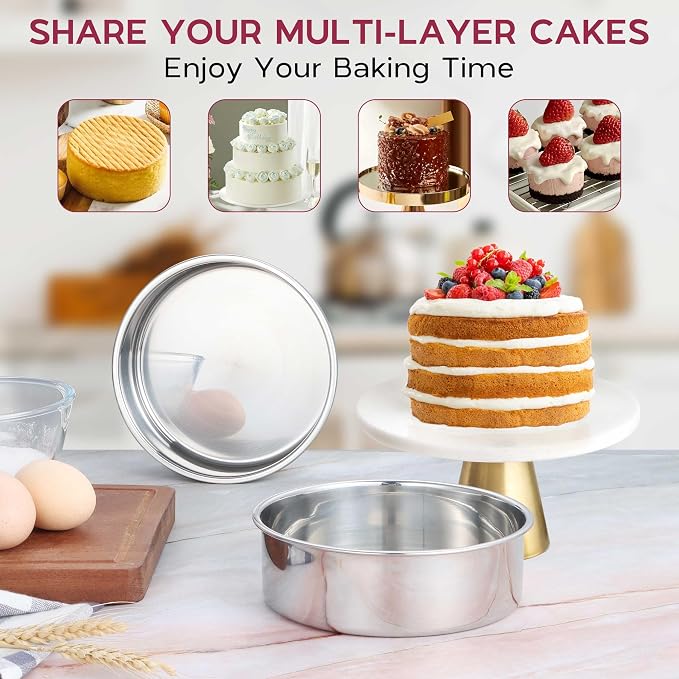 Onader 6 Inch Round Cake Pan Tin Set of 3, Stainless Steel Small Baking Pan for Wedding Birthday - Image 3