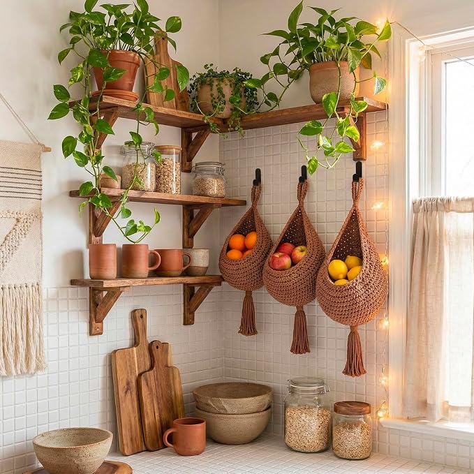 Honeydak Boho Decor Hanging Wall Baskets for Kitchen 3 Pack Teardrop Baskets with Hooks Storage Fruit Onion Vegetable Potato for Home 3 Sizes(White,Tassel,Cotton Rope) - Image 5