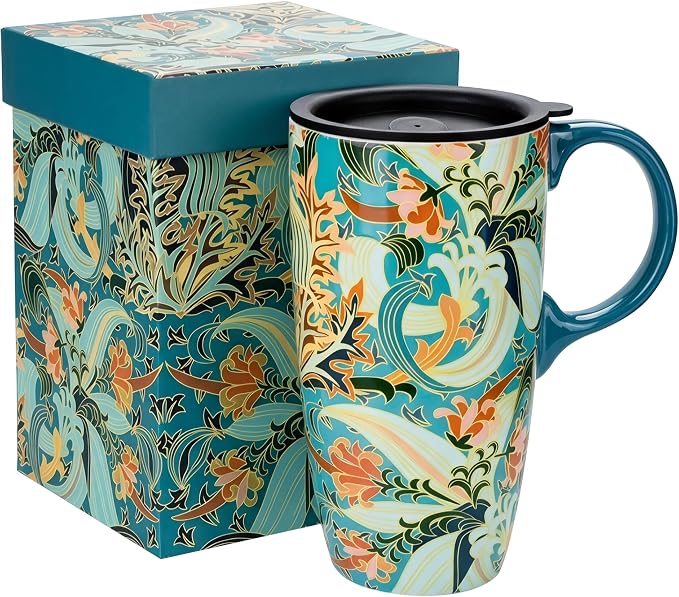 Topadorn 17oz Ceramic Travel Mug with Lid, Art Nouveau Floral Coffee Mug | Vintage Blue Botanical Latte Cup, Microwave & Dishwasher Safe Gift Mug for Home Office Commute by Topadorn