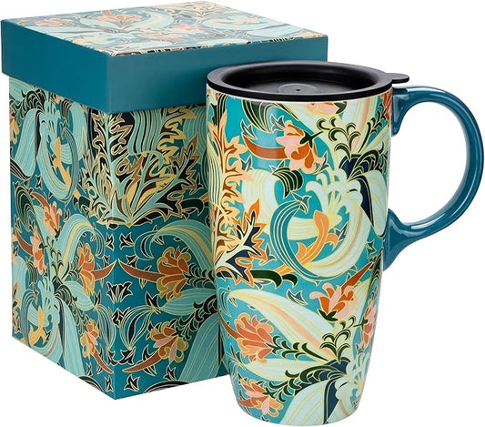 Topadorn 17oz Ceramic Travel Mug with Lid, Art Nouveau Floral Coffee Mug | Vintage Blue Botanical Latte Cup, Microwave & Dishwasher Safe Gift Mug for Home Office Commute by Topadorn