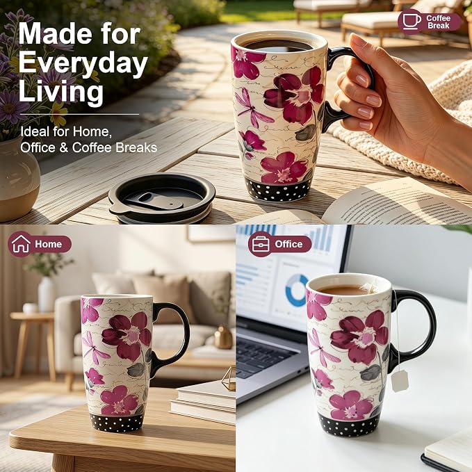 Topadorn 17oz Ceramic Travel Mug with Lid, Pink Floral Coffee Mug for Women | Coffee Mug with Handle, Pink Watercolor Floral Design, Spill-Resistant Lid, Microwave & Dishwasher Safe, Gift Box Included - Image 4