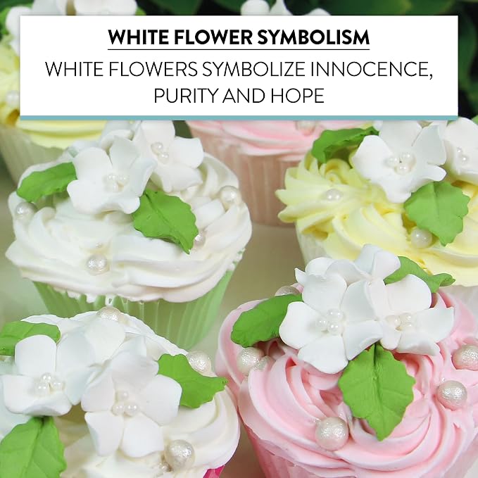 Global Sugar Art 24-Count Mini White Edible Flowers Cake Decorations | White sugar flowers for cake decorating, mini edible flowers cake decorations, white flower cupcake toppers, gumpaste leaves - Image 6