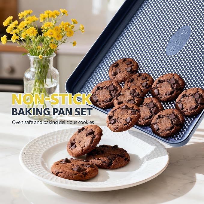 3Pcs Nonstick Baking Sheet, Baking Sheet Pan Set with Diamond Texture, Blue | Large Nonstick Cookie Sheets Set, Jelly Roll Pans, Cookies Sheet for Baking, Cookie Sheet Pan - Image 3