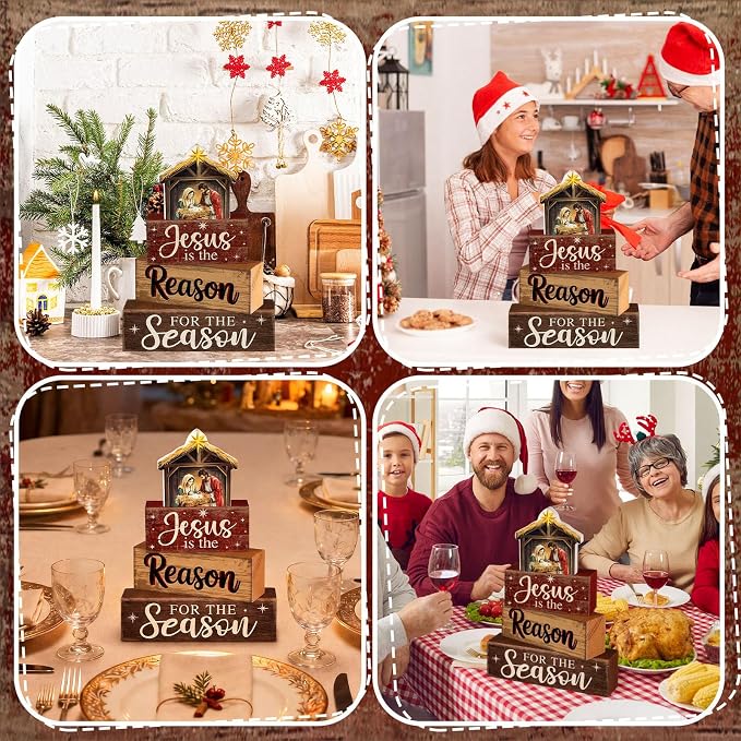 Moucuny 4 Pcs Christmas Table Decoration Christian Wooden Stacked Block, Jesus is the Reason for the Season Signs with Nativity Scene, Rustic Religious Christmas Tiered Tray Decor for Home Church - Image 5
