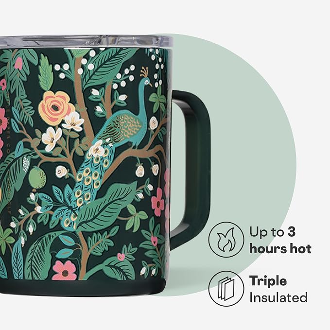 Corkcicle x Rifle Paper Co. Triple Insulated Coffee Mug with Lid & Handle - Keeps Beverages Hot for 3+ Hours - Gift for Mom - Great for Mother's Day or Christmas - 16 oz - Peacock Blue - Image 3