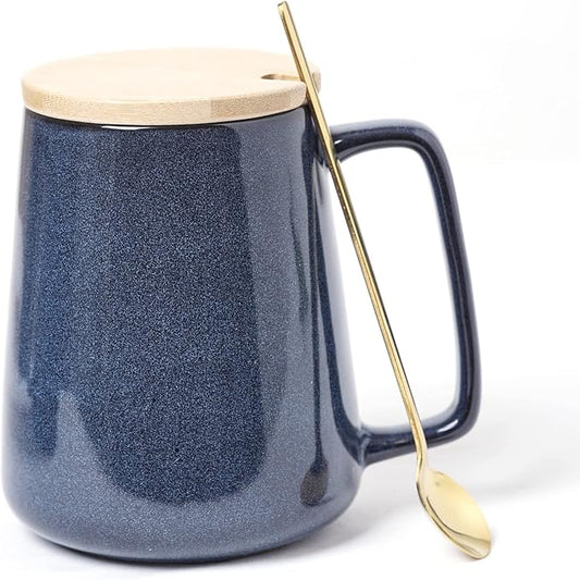 Large Ceramics Coffee Mugs,24 OZ,With Spoon And Wooden Lid,For Coffee,Tea,Cocoa,Large Handle Design,Microwave And Dishwasher Safe(Color:24 oz blue set) by Ceraozmus