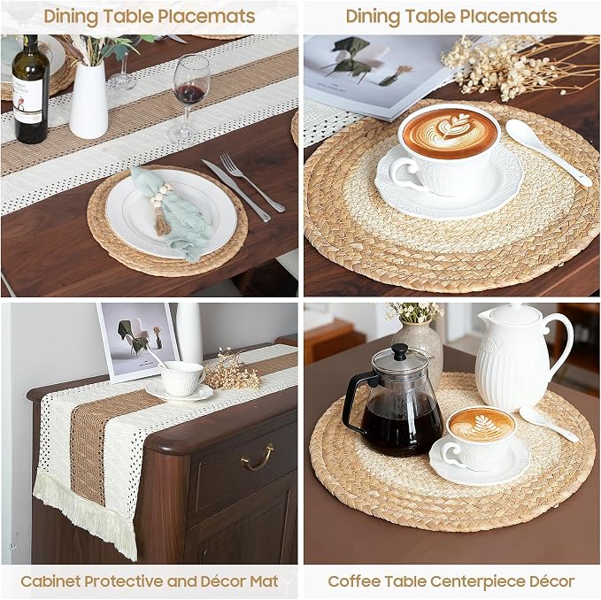 Placemats Set of 6,Natural Round Placemats with Table Runner & Napkin Rings | Made of Cotton Burlap and Corn Husk,Protective,Heat-Resistant,Non-Slip Boho Table Mats Fall Placemats for Dining Table Décor - Image 3