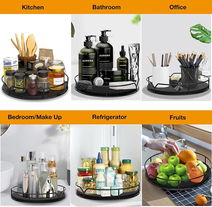 Lazy Susan Turntable Organizer with Anti-Slip Mat for Cabinet Pantry Kitchen Countertop Refrigerator Office, Pine Wood, 10", Black - Image 8