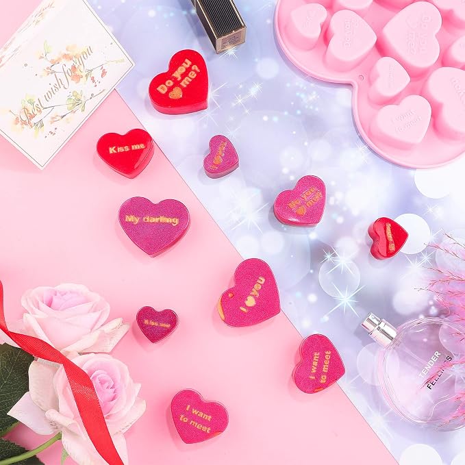 Patelai 4 Pieces Conversation Heart Molds Mixed Size 40 Holes Valentine's Day Heart Shaped Silicone Molds Non Stick for Chocolate Fondant Jelly Pudding Dessert Baking Candy(Pink, Purple) - Image 7