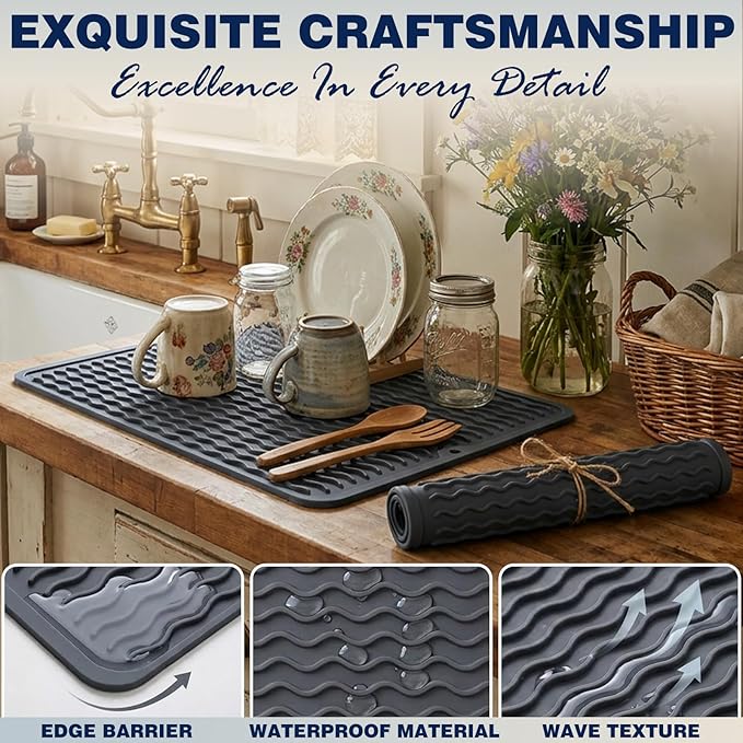 2 Pack Caketime Silicone Dish Drying Mat for Kitchen Counter Heat Resistant Under Sink Waterproof Coffee Bar Accessories Dining Rack Stone Utensil Holder Countertop Decor Must Haves 2026 - Image 5