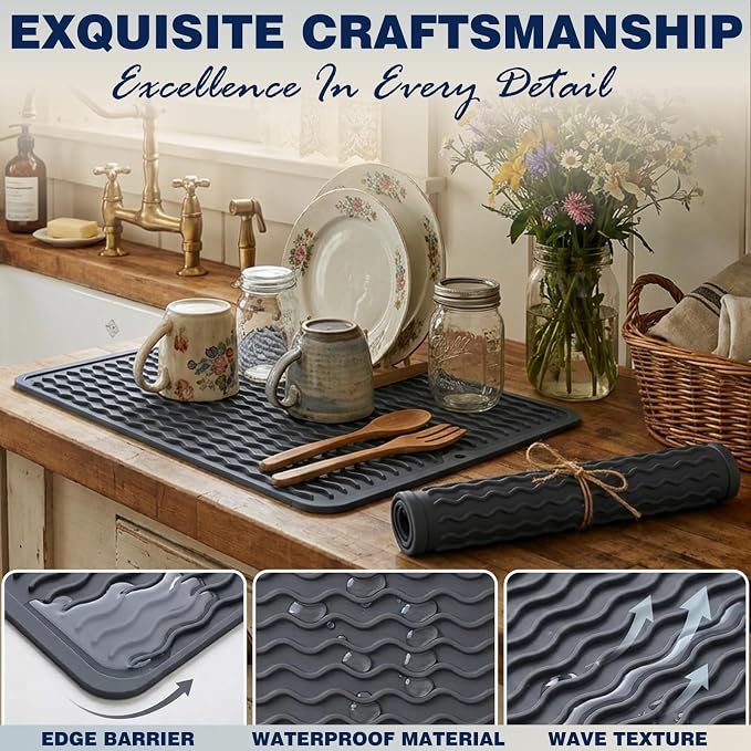 2 Pack Caketime Silicone Dish Drying Mat for Kitchen Counter Cooking Baking Coffee Bar Hot Pads Accessories Dining Home Essentials Under Sink Protector Organizers Stone Rack Trays Drain Black - Image 5