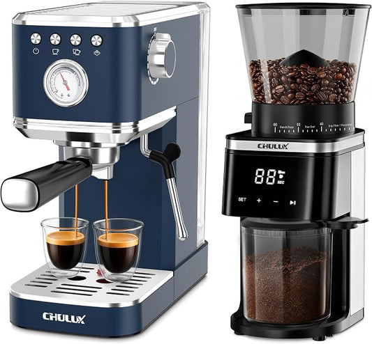 CHULUX Espresso Machine with Conical Burr Coffee Grinder, Dark Blue by CHULUX