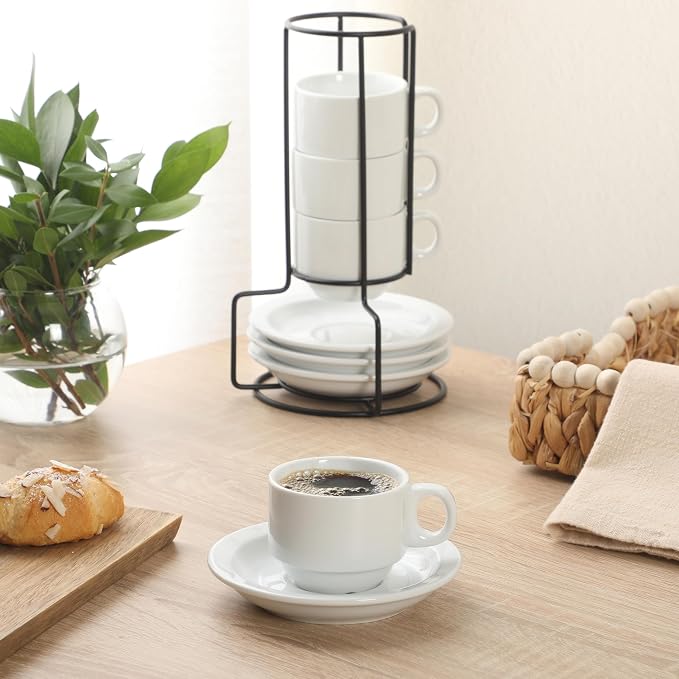 Gibson Home Gracious Dining 3-Ounce Espresso Cups Set of 4, Small Stackable Coffee Cups with 4 Saucers, Metal Stand, Ceramic Demitasse Mugs, Espresso Accessories for Machine - Image 4