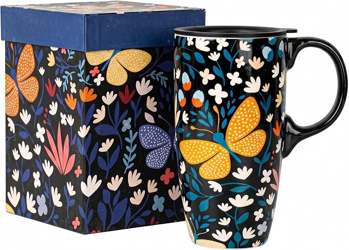 Topadorn 17oz Ceramic Travel Mug, Butterfly Coffee Mug with Gift Box | Large Floral Coffee Cup, Microwave & Dishwasher Safe Ceramic Travel Cup, Butterfly by Topadorn