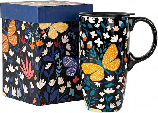Topadorn 17oz Ceramic Travel Mug, Butterfly Coffee Mug with Gift Box | Large Floral Coffee Cup, Microwave & Dishwasher Safe Ceramic Travel Cup, Butterfly by Topadorn