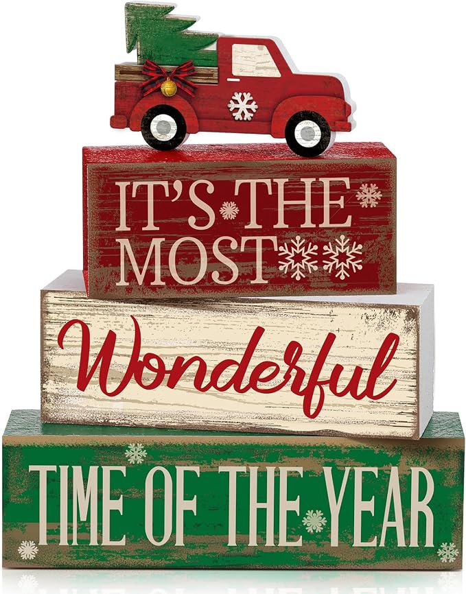Moucuny 4 Pcs Christmas Decor Wooden Red Truck Winter Tiered Tray Decor Rustic Merry Christmas Table Centerpiece Wood Red Truck Block Sign Gift Farmhouse for Home Kitchen Tabletop Office Shelf by Moucuny