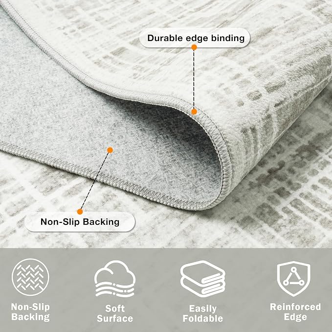 9x12 Washable Area Rug for Living Room Bedroom: Non-Slip Modern White Gray | Machine Washable TPR Backing, Stain-Resistant Low Pile, Pet & Kid Friendly, Abstract Decor for Dining Room, Dorm, Home Office - Image 5