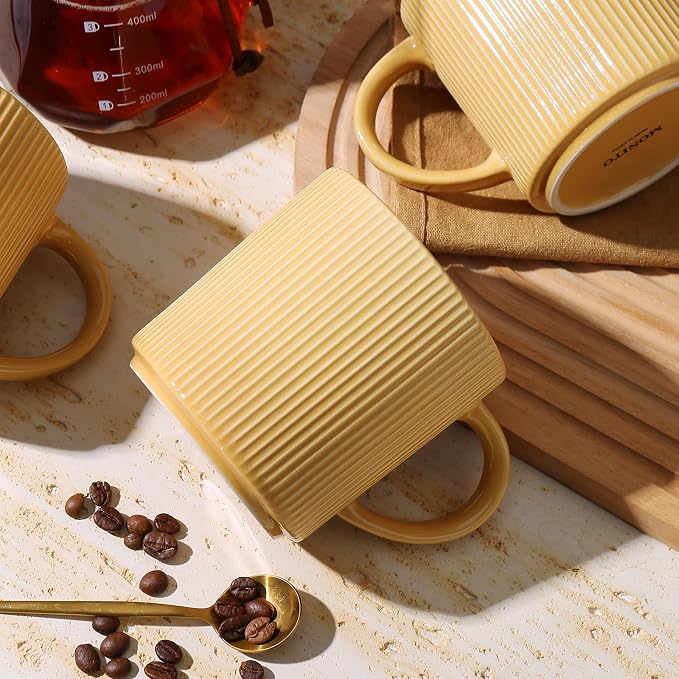 MONITO 16Oz Coffee Mugs Set of 4, Rustic Ceramic Coffee Cups Set with Large Handle, Vintage Striped Stoneware Coffee Mugs for Latte, Cocoa, Tea, Milk, Microwave & Dishwasher Safe, Lemon Yellow - Image 7