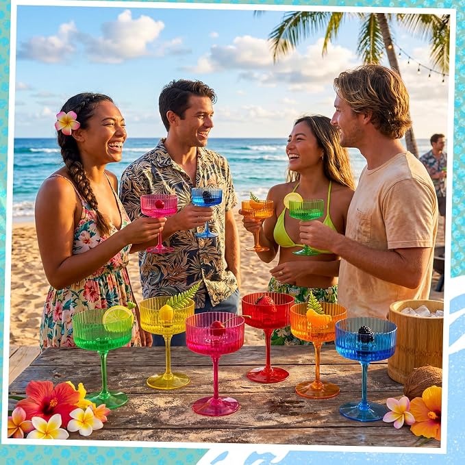 Jingmore 12 Pcs Ribbed Martini Glasses 10 oz Disposable Plastic Vintage Ribbed Coupe Glasses Unbreakable Dessert Parfait Glassware for Wedding Birthday Party Supplies (Hawaii Colors) - Image 6