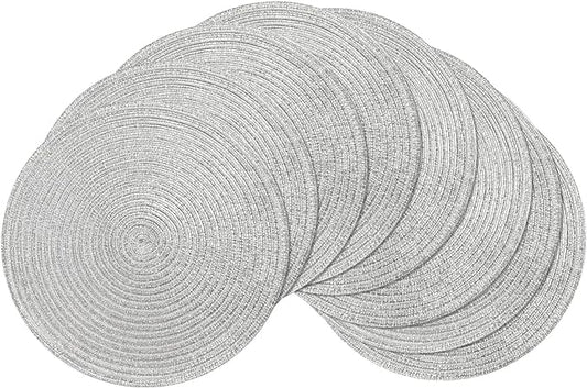 SHACOS Christmas Glitter Silver Placemats Set of 8 Sparkle Bling 15 inch Round Braided Table Mats Washable Place Mats for Dining Table Home Table Decor (Silver, 8) by SHACOS